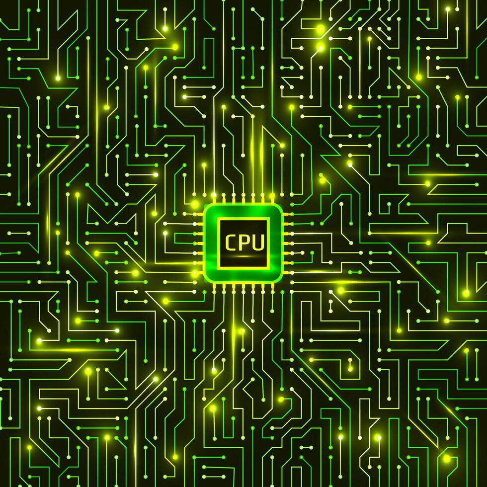 Computer processor and motherboard system chip. CPU chip electronic circuit board with processor vector illustration