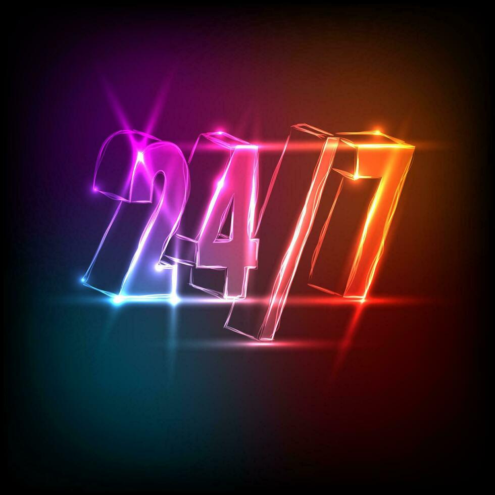 Neon signboard 24 7 open time. Vector illustration