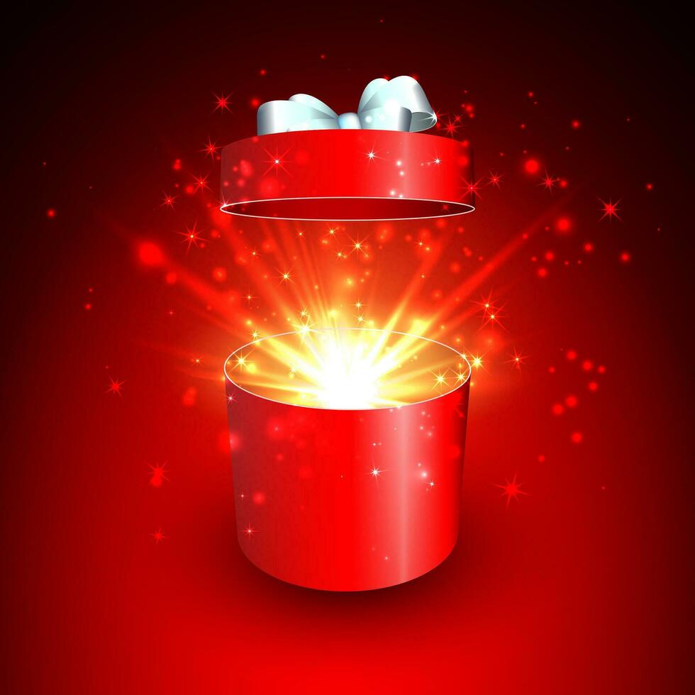 Open gift box and magic light fireworks Christmas vector background