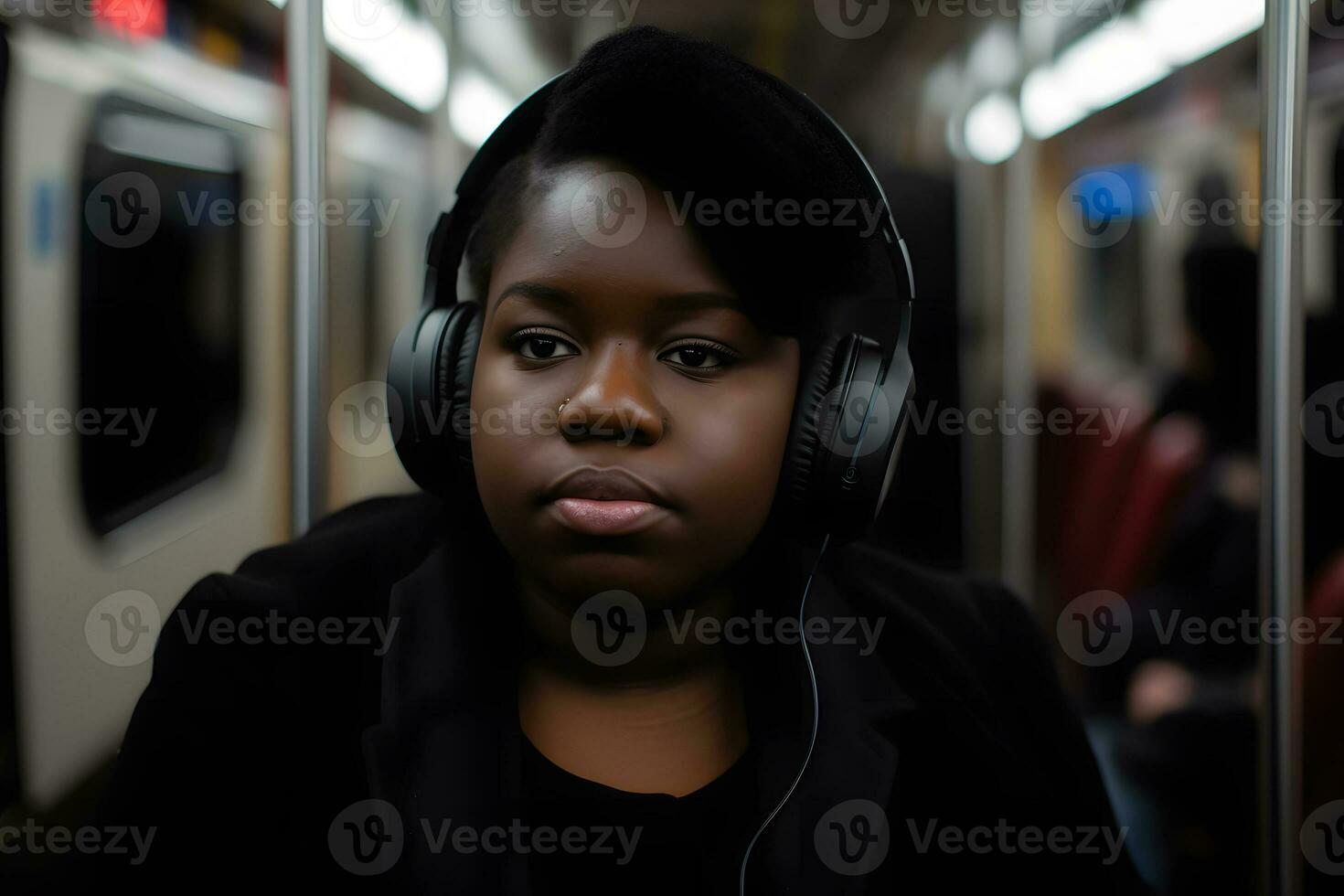 AI generated Happy young black woman sitting inside the underground listening to music. Neural network AI generated photo