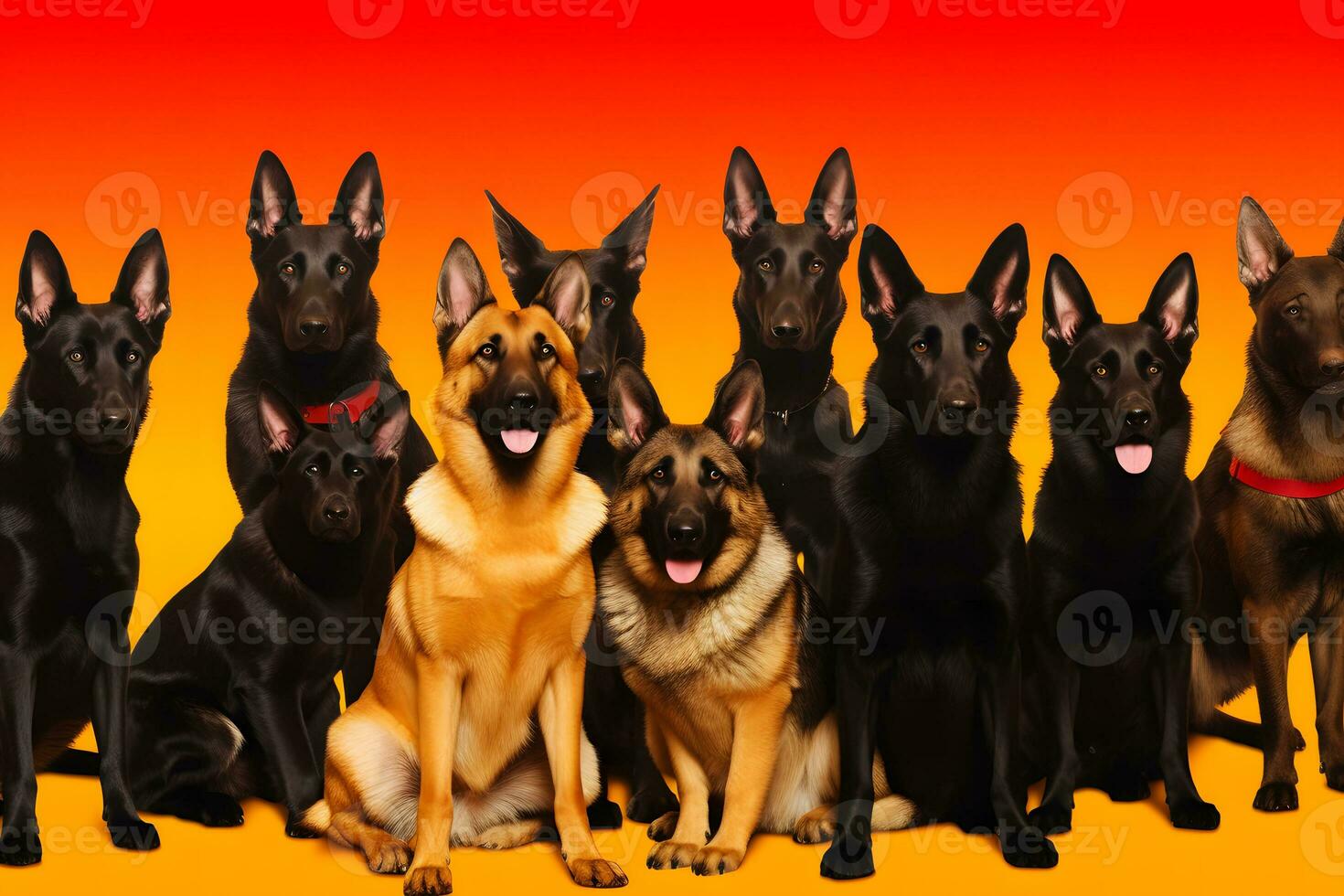 ai generado un grupo de perros en un naranja antecedentes. neural red ai generado foto