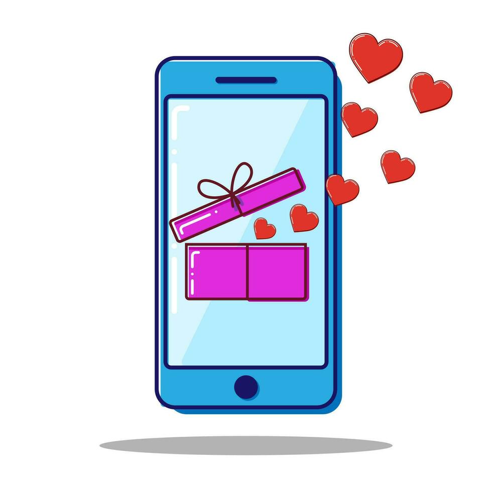 Flat line icon phone with Open box and hearts, Valentine gift. Vector