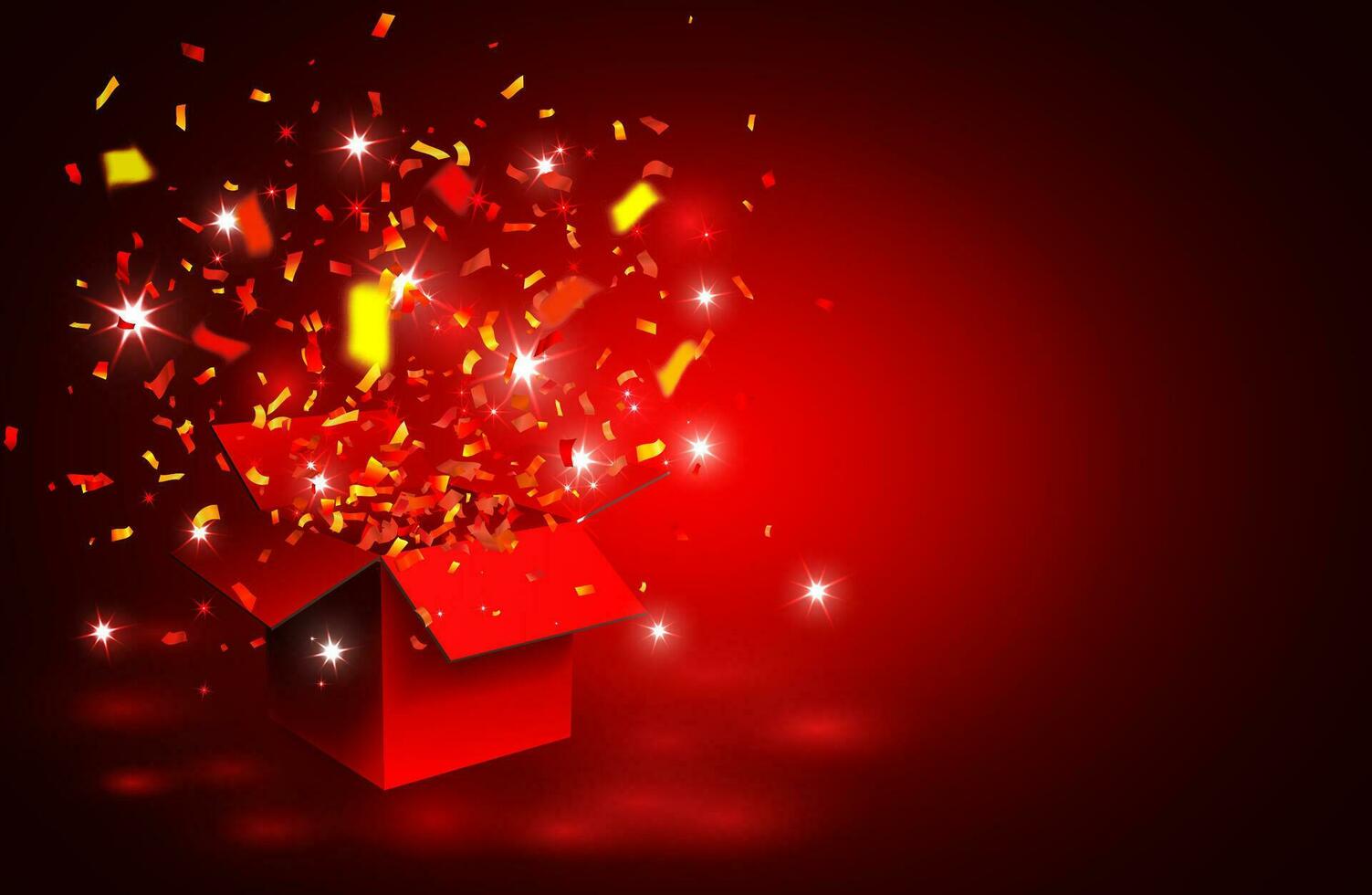 Open red Gift Box and Confetti. Vector Illustration