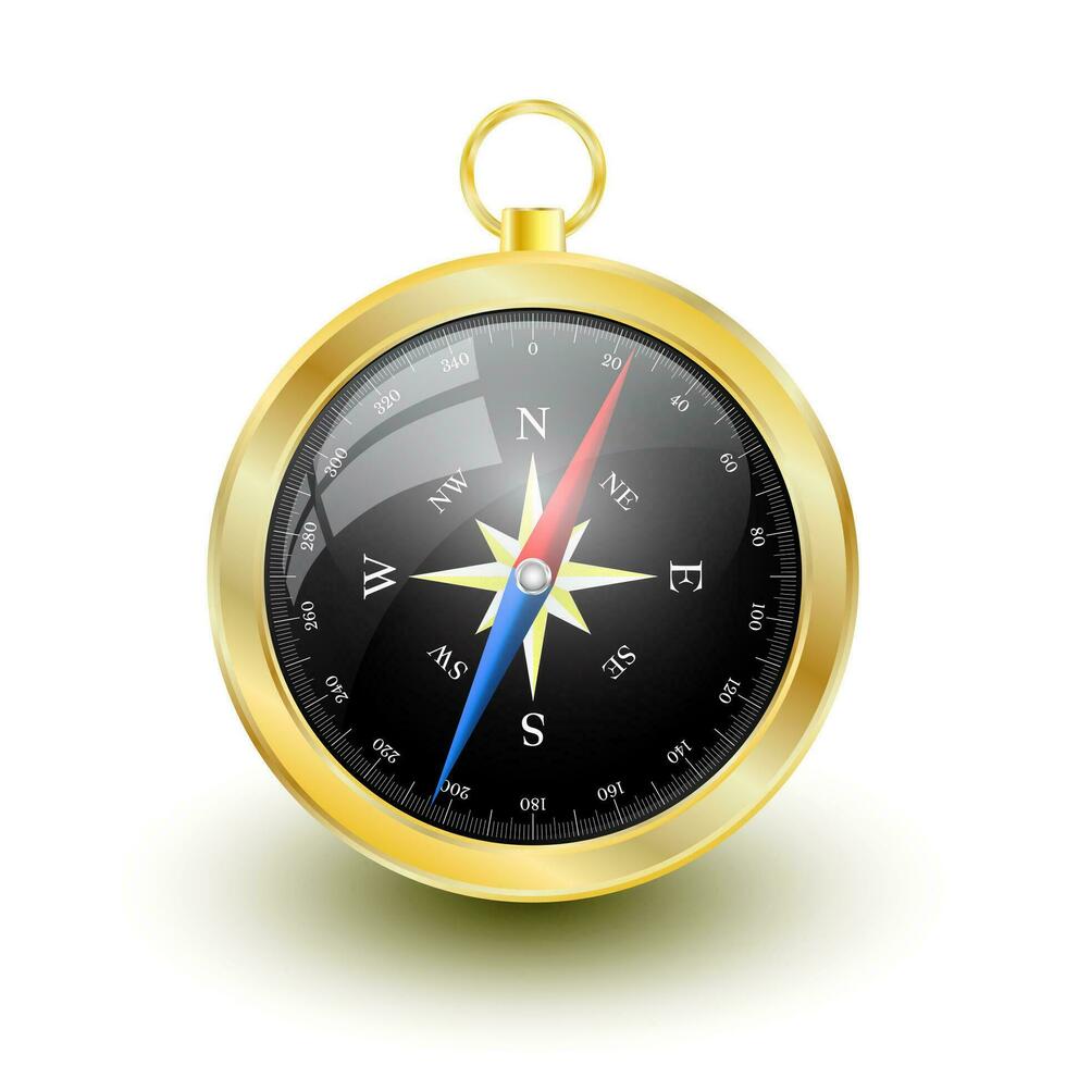 Golden Glossy Compass with windrose. Vector Illustration