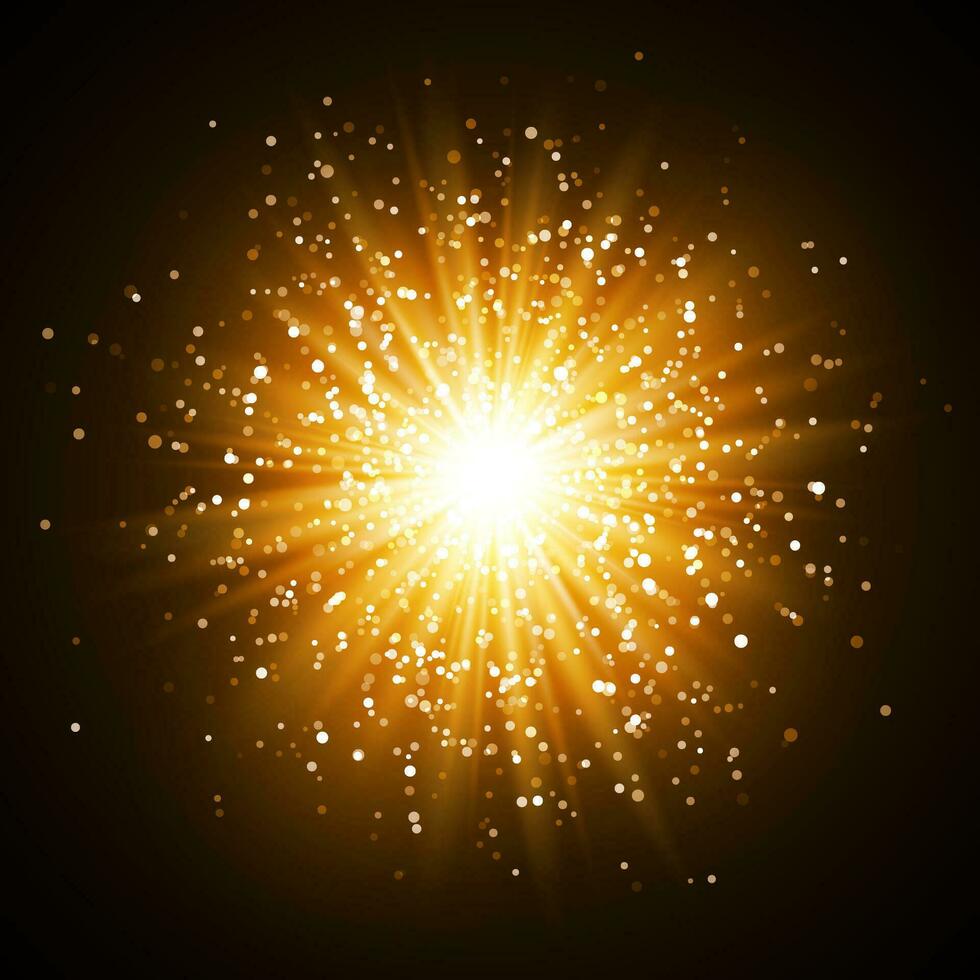 Star burst with sparkles. Light effect. Gold glitter texture vector