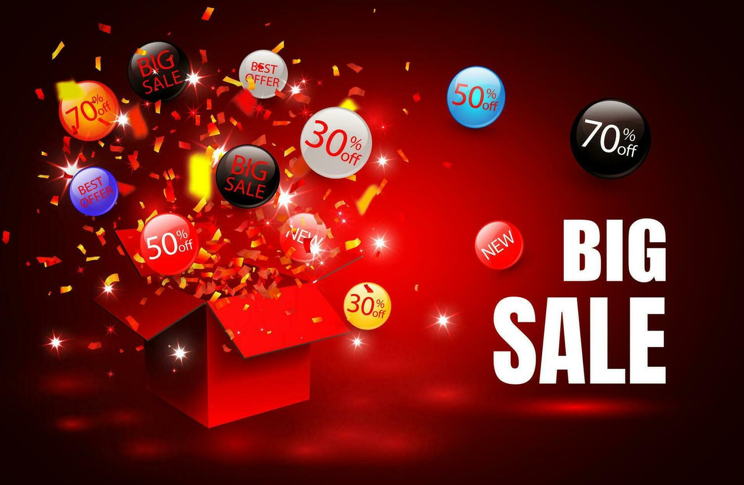 Big sale. Special offer sale discount symbol with open gift and flow labels. Easy to use for your design vector
