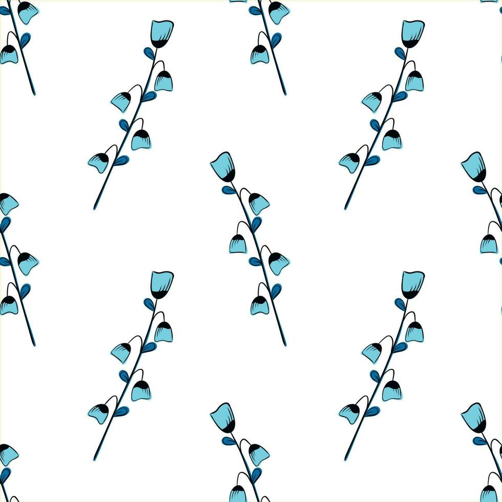 Vector pattern with blue blades of grass and flowers, spring grasses, twigs with leaves in hand-drawn style on a white background. Botanical illustration for fabrics, gift wrapping, clothing