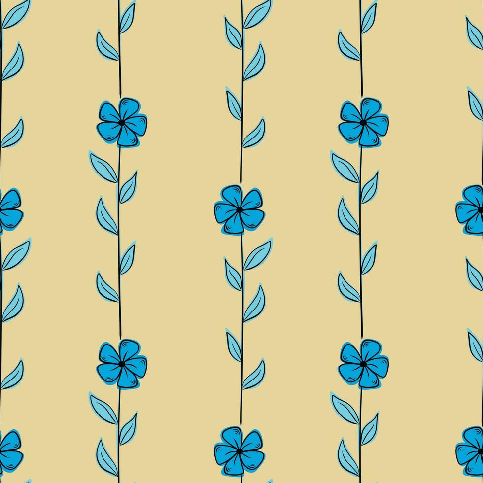 Vector pattern with blue blades of grass and flowers, spring grasses, twigs with leaves in hand-drawn style on a white background. Botanical illustration for fabrics, gift wrapping, clothing