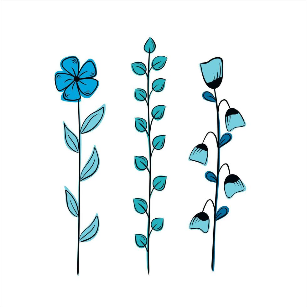 vector conjunto de largo flores, azul flores y leña menuda con hojas, cuchillas de césped, hierbas. botánico ilustración con dibujado a mano estilo.