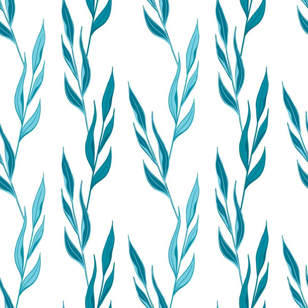 Vector pattern with blue blades of grass, spring grasses, twigs with leaves in hand-drawn style on a white background. Botanical illustration for fabrics, gift wrapping, clothing