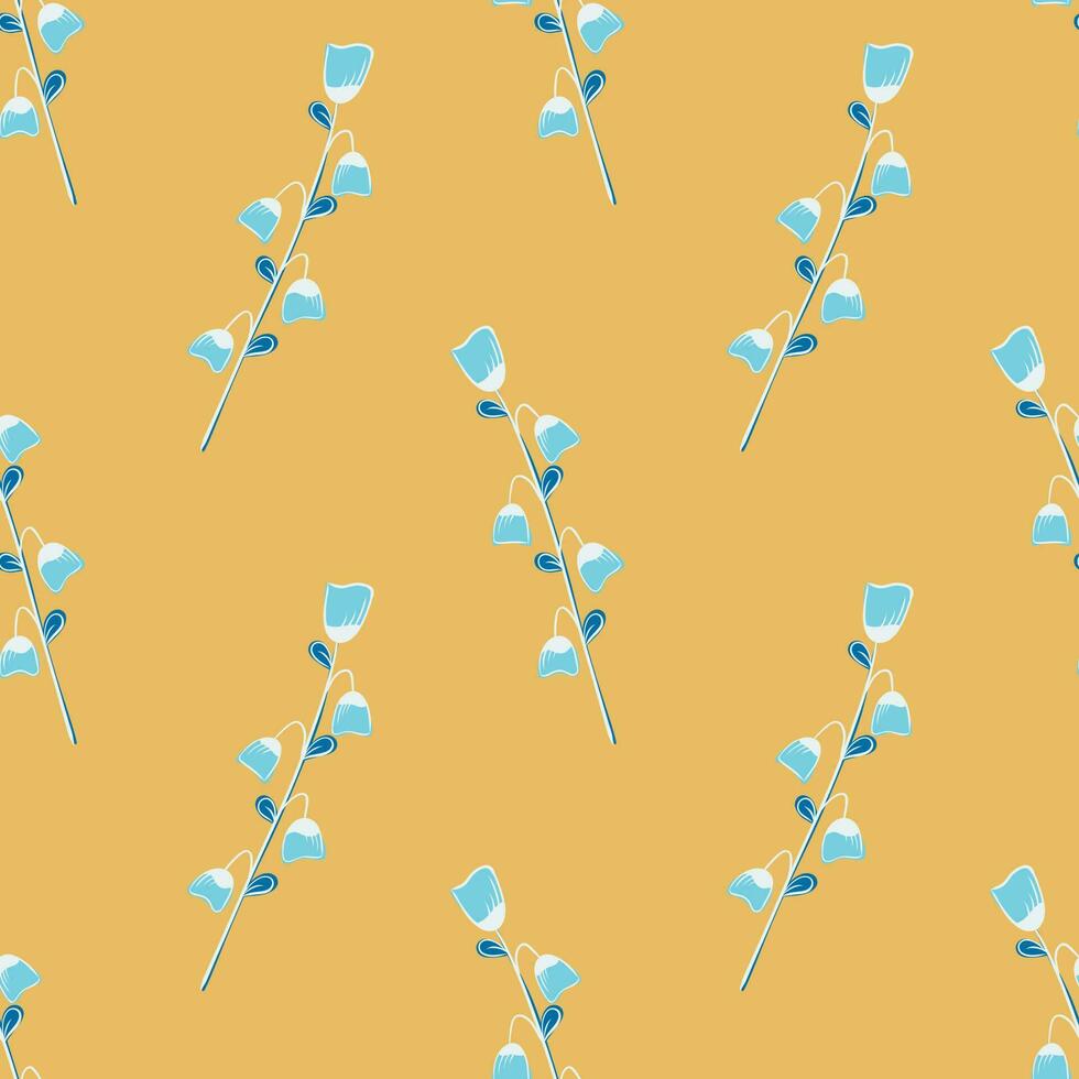 Vector pattern with blue blades of grass and flowers, spring grasses, twigs with leaves in hand-drawn style on a beige background. Botanical illustration for fabrics, gift wrapping, clothing