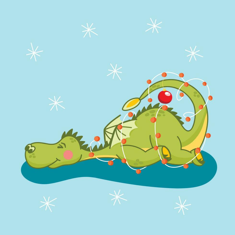 Christmas green dragon with a garland, a symbol of the new year, a happy dragon, snowflakes. Vector illustration for posters, New Year's card template.