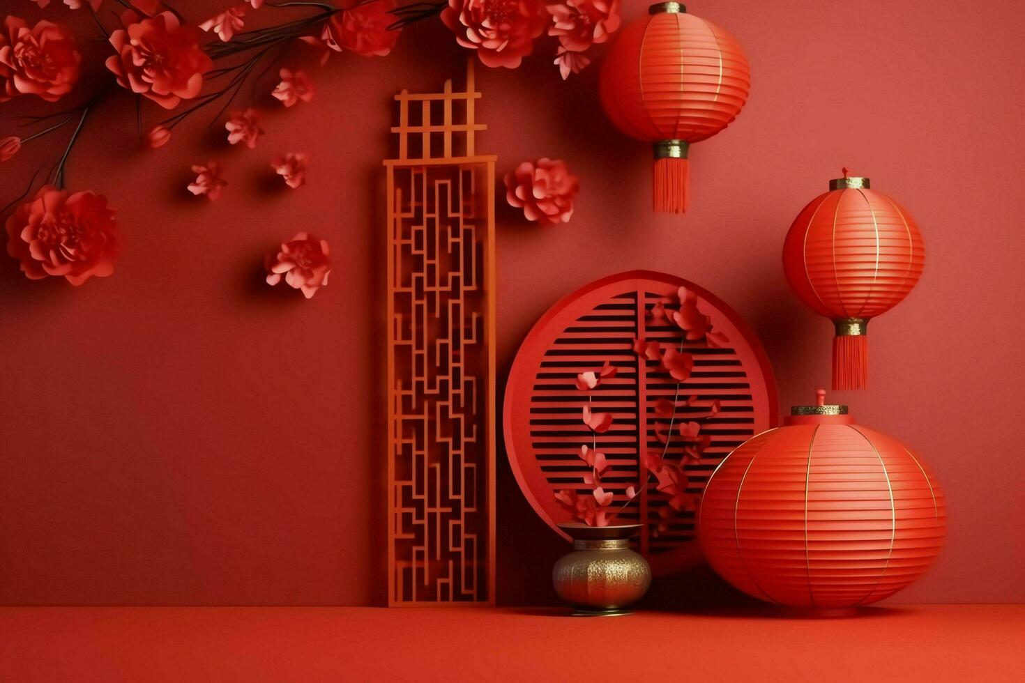 Chinese new year background with traditional lanterns, sakura flowers and copy space. Lunar new year concept by AI Generated photo