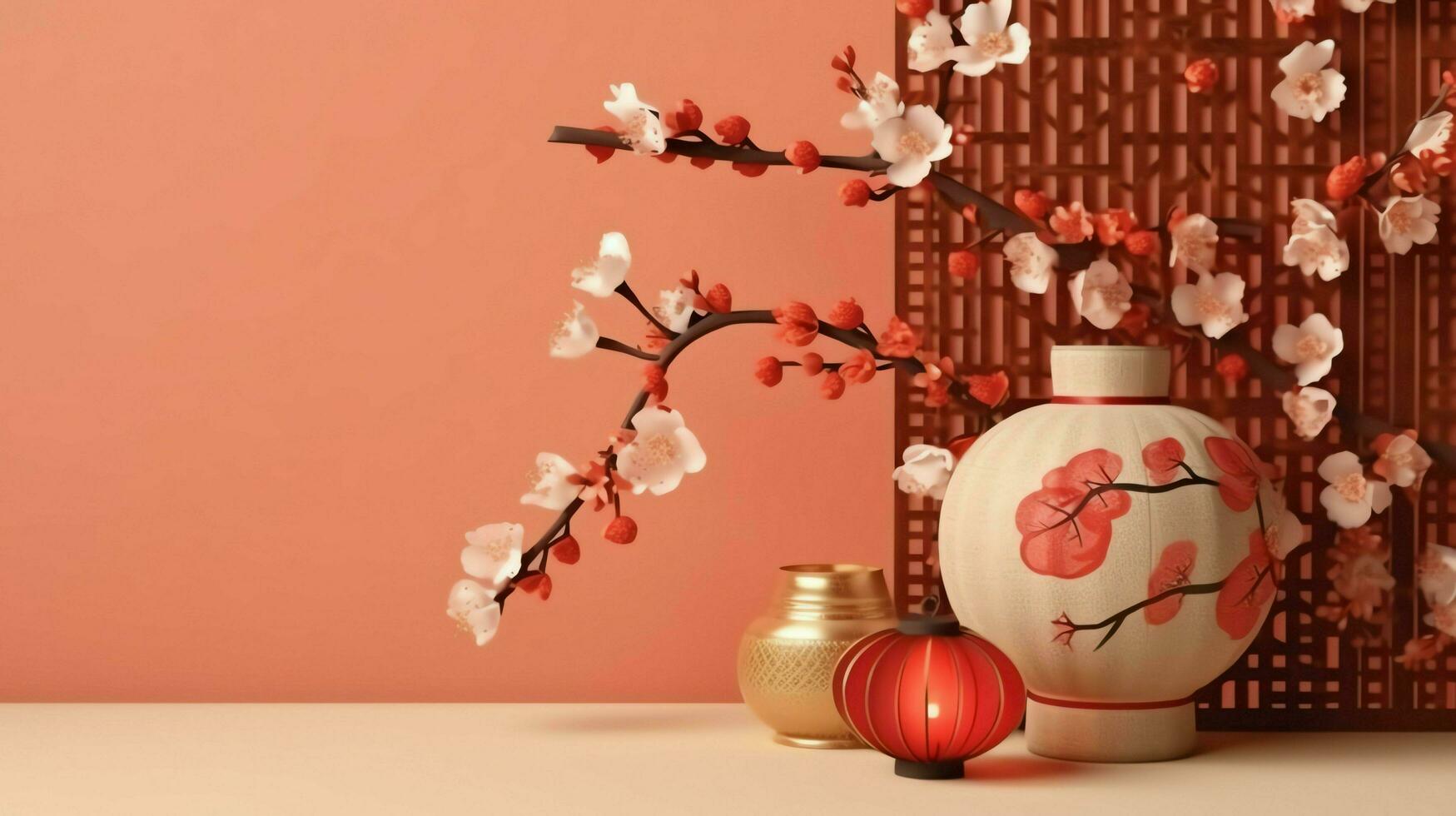 Chinese new year background with traditional lanterns, sakura flowers and copy space. Lunar new year concept by AI Generated photo