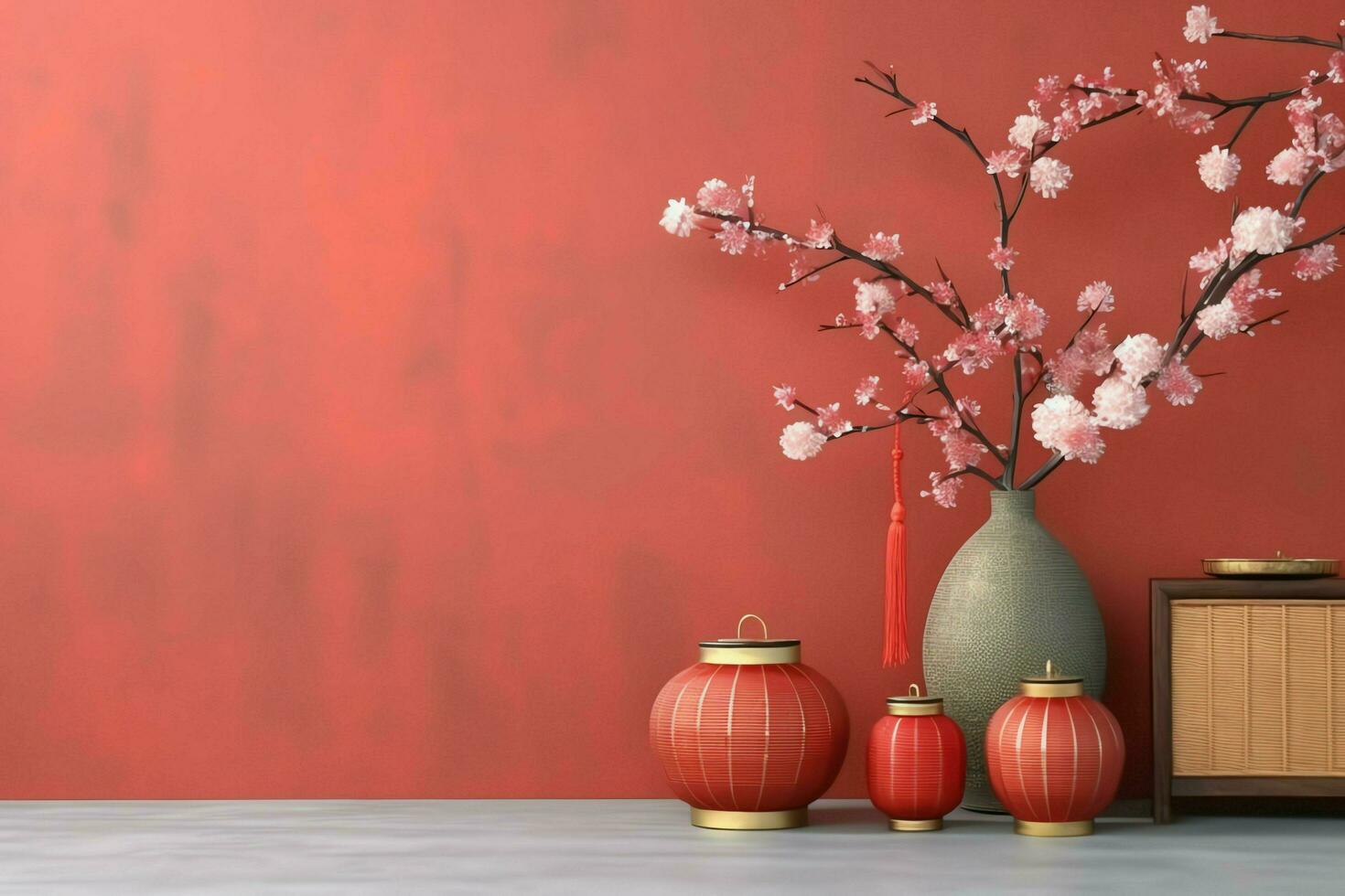 Chinese new year background with traditional lanterns, sakura flowers and copy space. Lunar new year concept by AI Generated photo