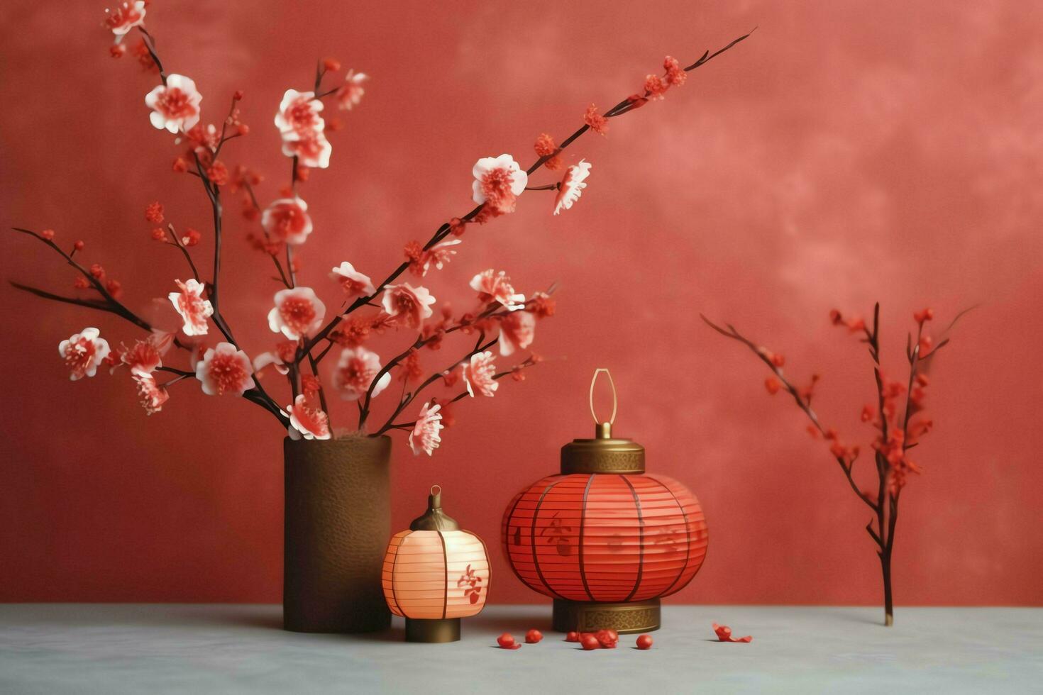 Chinese new year background with traditional lanterns, sakura flowers and copy space. Lunar new year concept by AI Generated photo