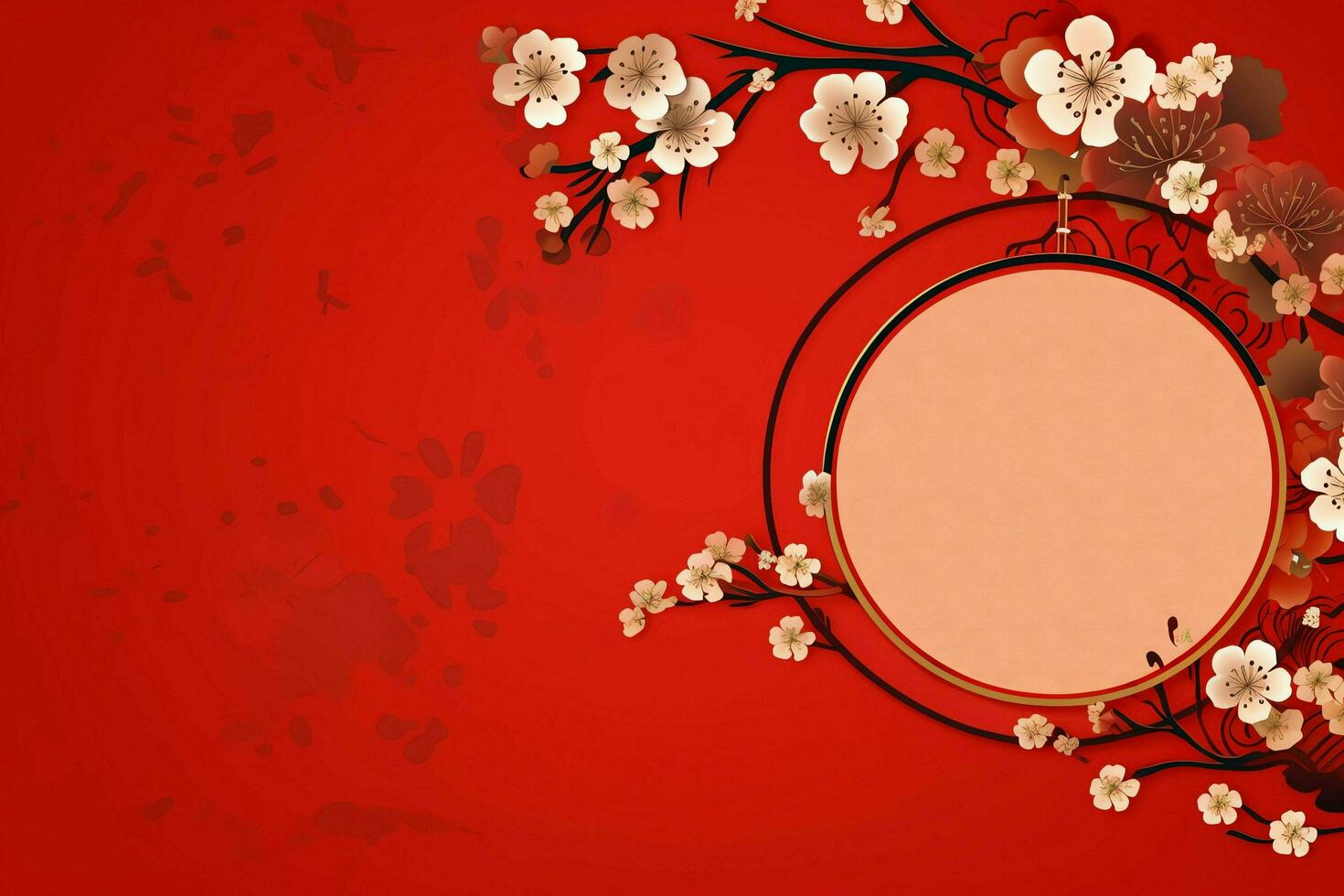 Chinese new year background with traditional lanterns, sakura flowers and copy space. Lunar new year concept by AI Generated photo