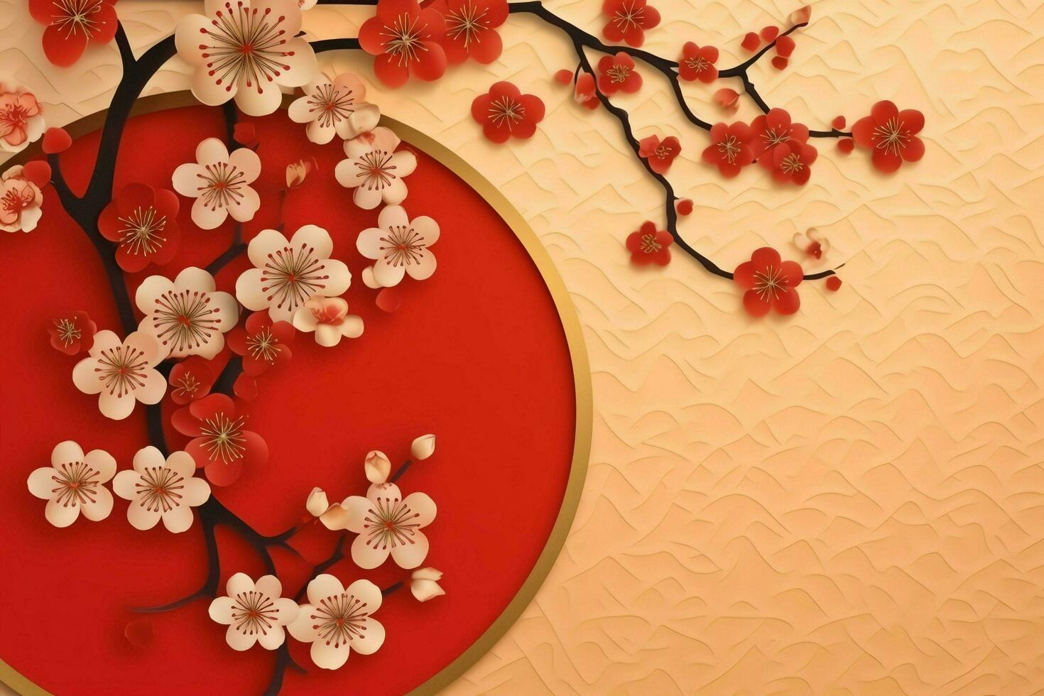 Chinese new year background with traditional lanterns, sakura flowers and copy space. Lunar new year concept by AI Generated photo