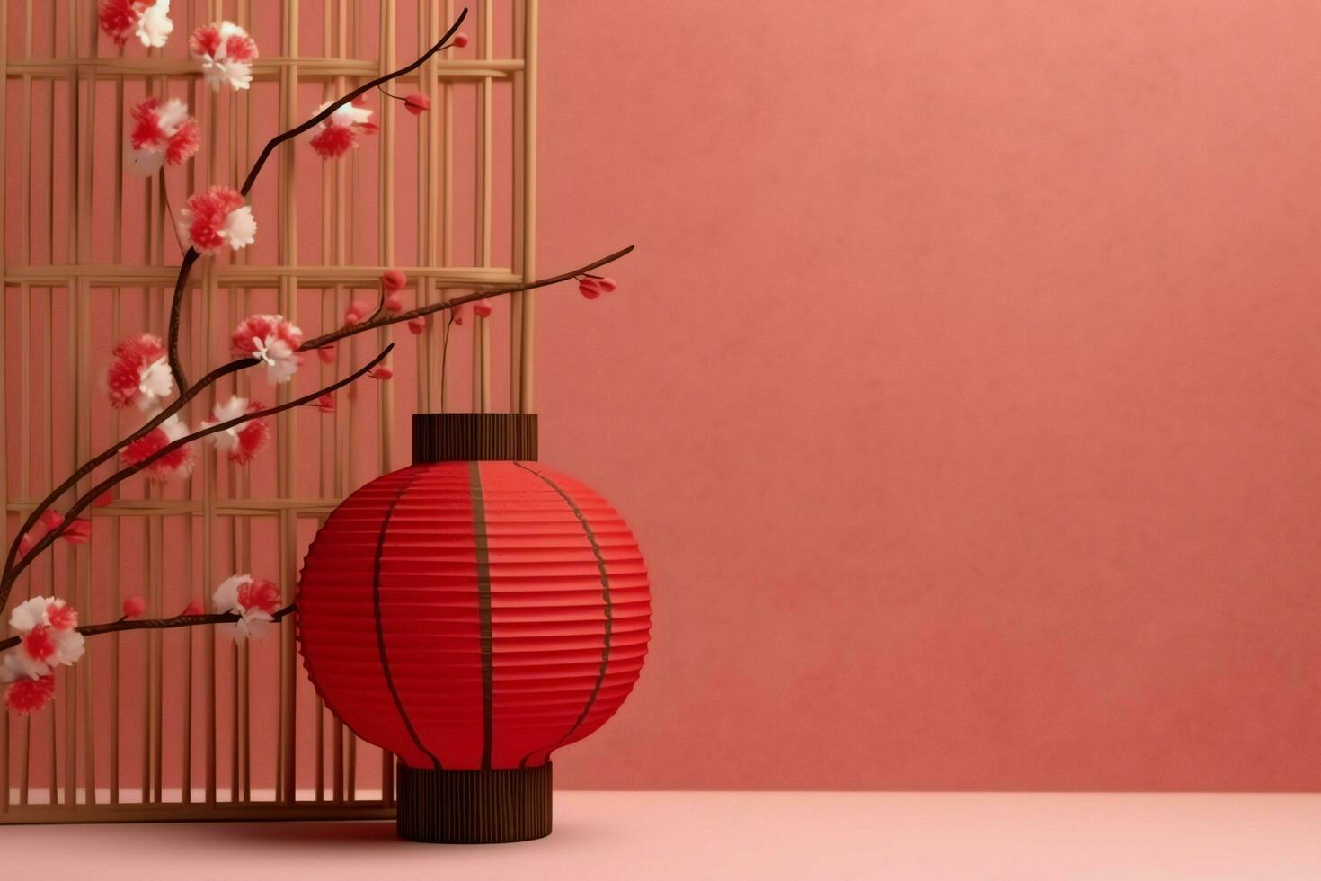 Chinese new year background with traditional lanterns, sakura flowers and copy space. Lunar new year concept by AI Generated photo