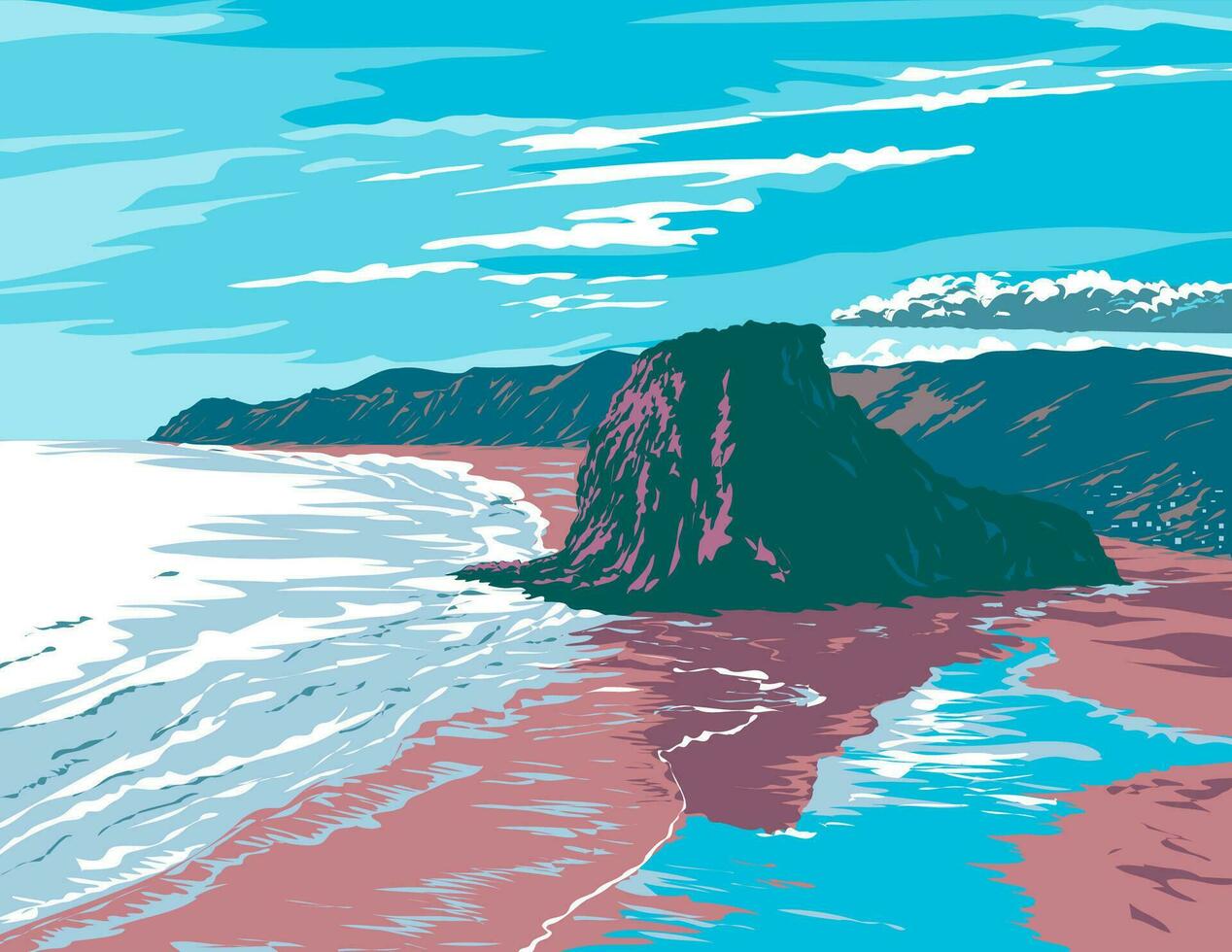 Lion Rock on Piha Beach in Auckland New Zealand WPA Poster Art vector