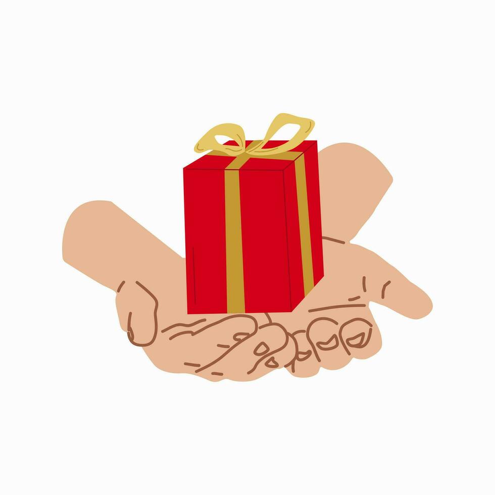 Giving a gift. Hand with Gift box Design for banner, web. Gift on the palms of your hands. Vector illustration...