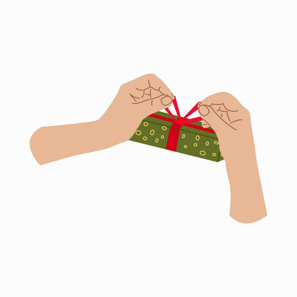 Giving a gift. Hand with Gift box Design for banner, web. Hands tie the bowknot on the gift. Vector illustration...