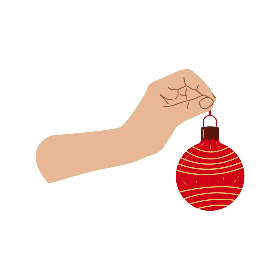 Holiday home decoration hand with Christmas ball Design for banner, web. Red Ball. Vector illustration...