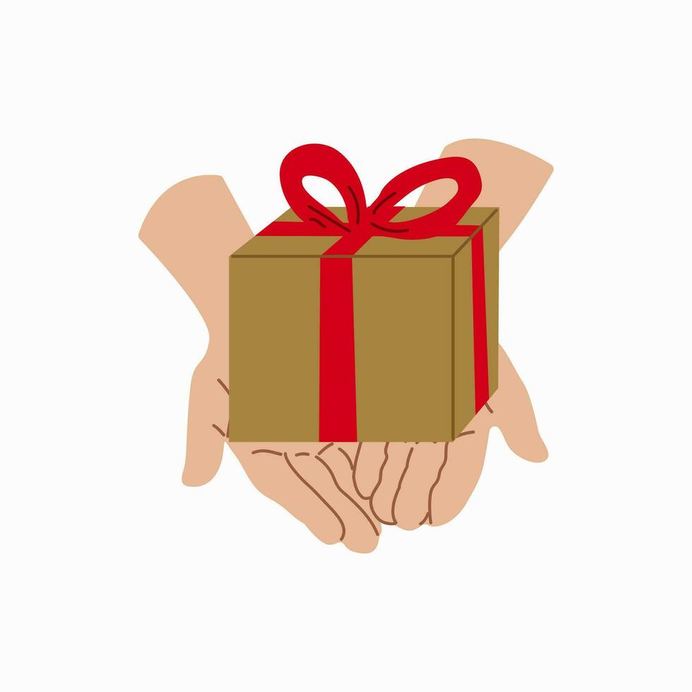 Giving a gift. Hand with Gift box Design for banner, web. Gold packaging with red ribbon. Vector illustration...