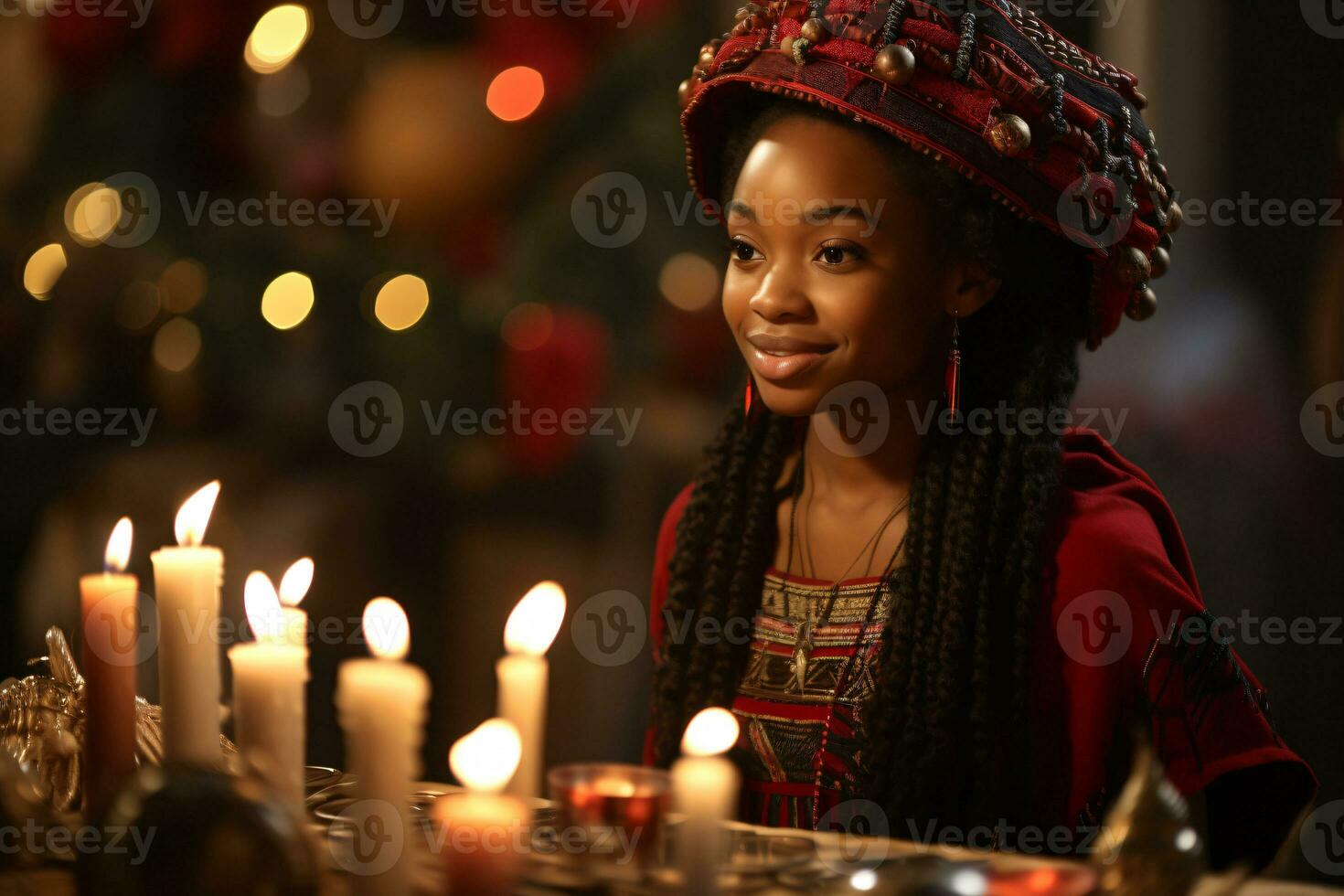 AI generated Kwanzaa Celebration, focusing on African people illuminated candle glowing with cultural significance photo