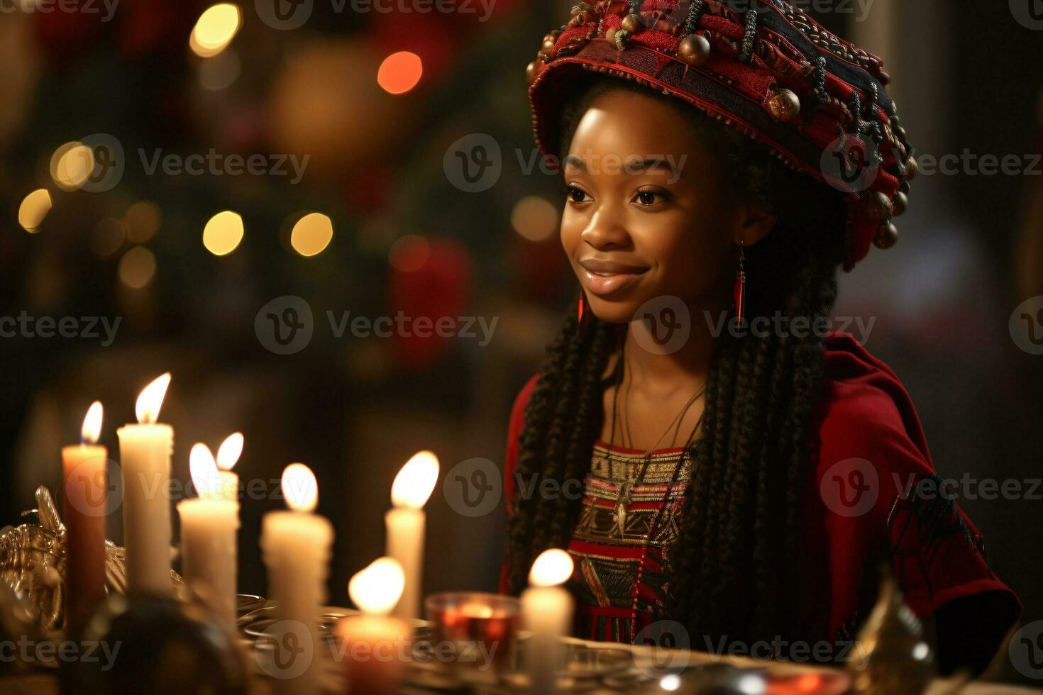 ai generado kwanzaa celebracion, enfoque en africano personas iluminado vela brillante con cultural significado foto