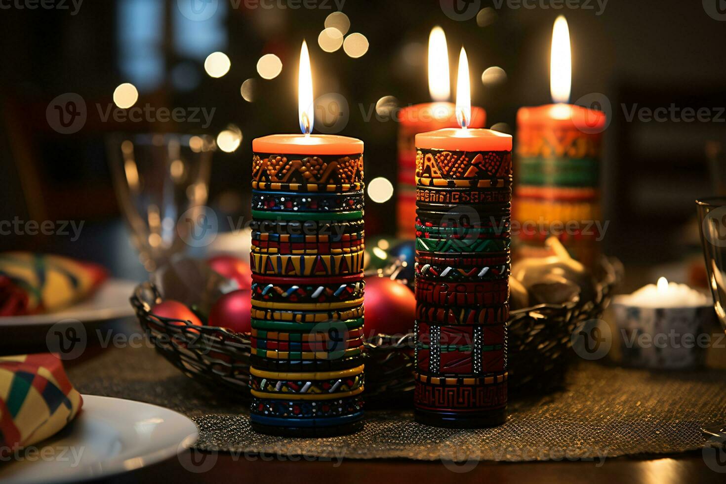 AI generated Kwanzaa Celebration, focusing on African people illuminated candle glowing with cultural significance photo