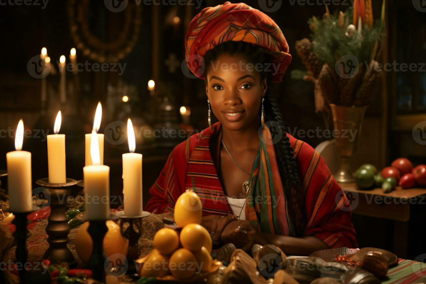 AI generated Kwanzaa Celebration, focusing on African people illuminated candle glowing with cultural significance photo