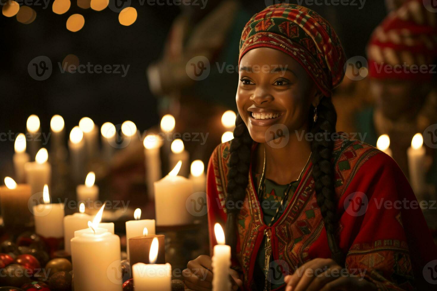 AI generated Kwanzaa Celebration, focusing on African people illuminated candle glowing with cultural significance photo