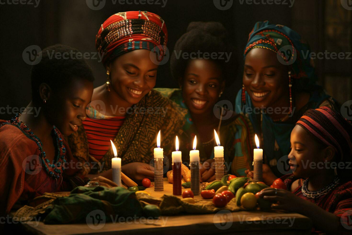 AI generated Kwanzaa Celebration, focusing on African people illuminated candle glowing with cultural significance photo