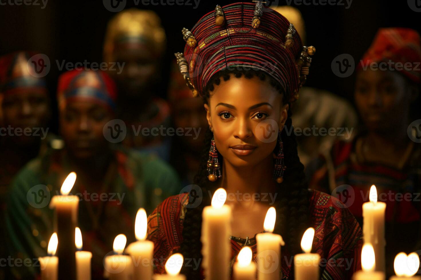 AI generated Kwanzaa Celebration, focusing on African people illuminated candle glowing with cultural significance photo