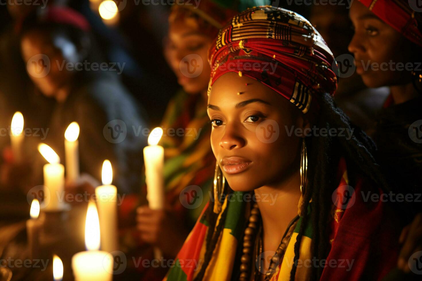 ai generado kwanzaa celebracion, enfoque en africano personas iluminado vela brillante con cultural significado foto