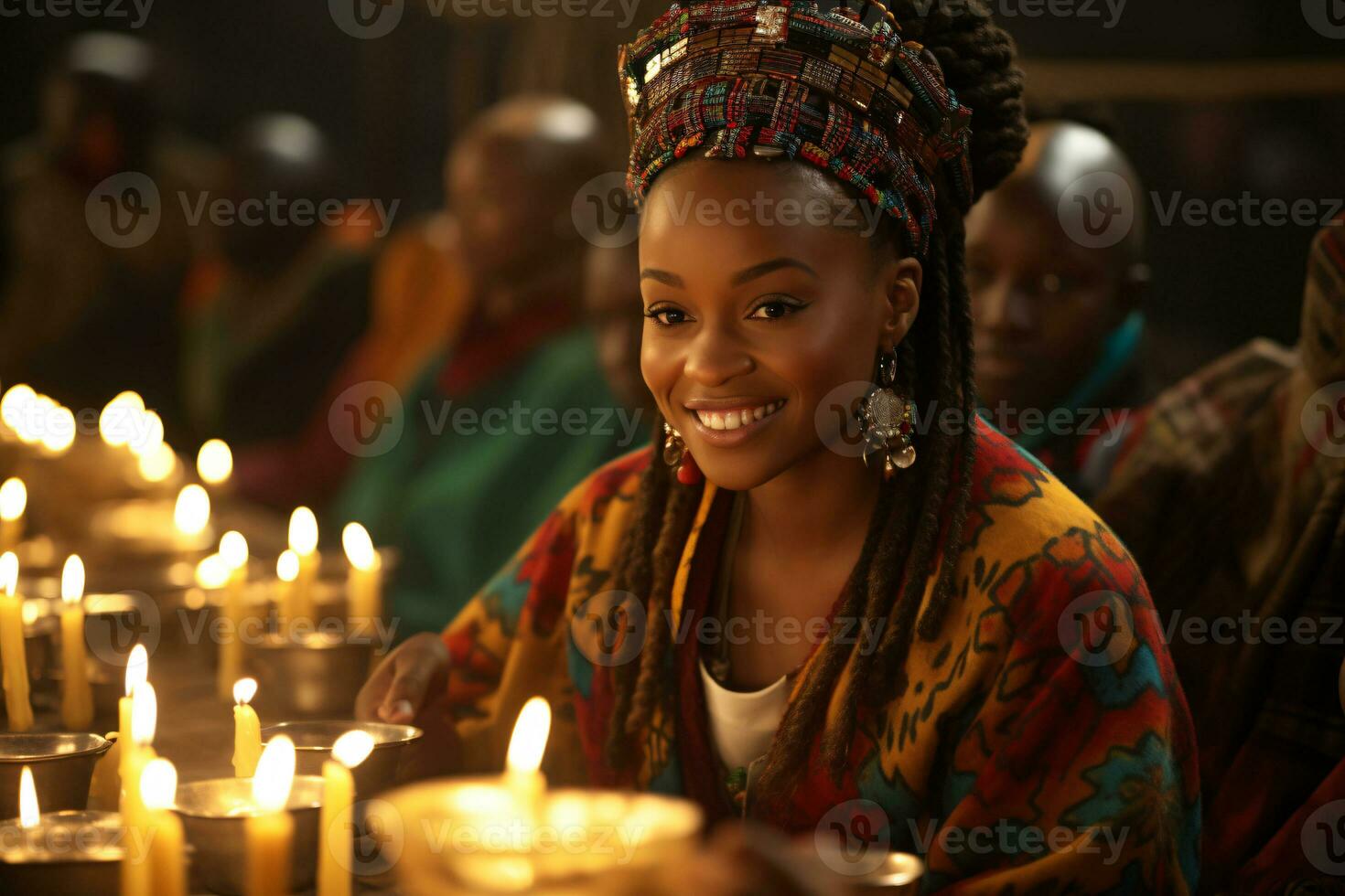 AI generated Kwanzaa Celebration, focusing on African people illuminated candle glowing with cultural significance photo