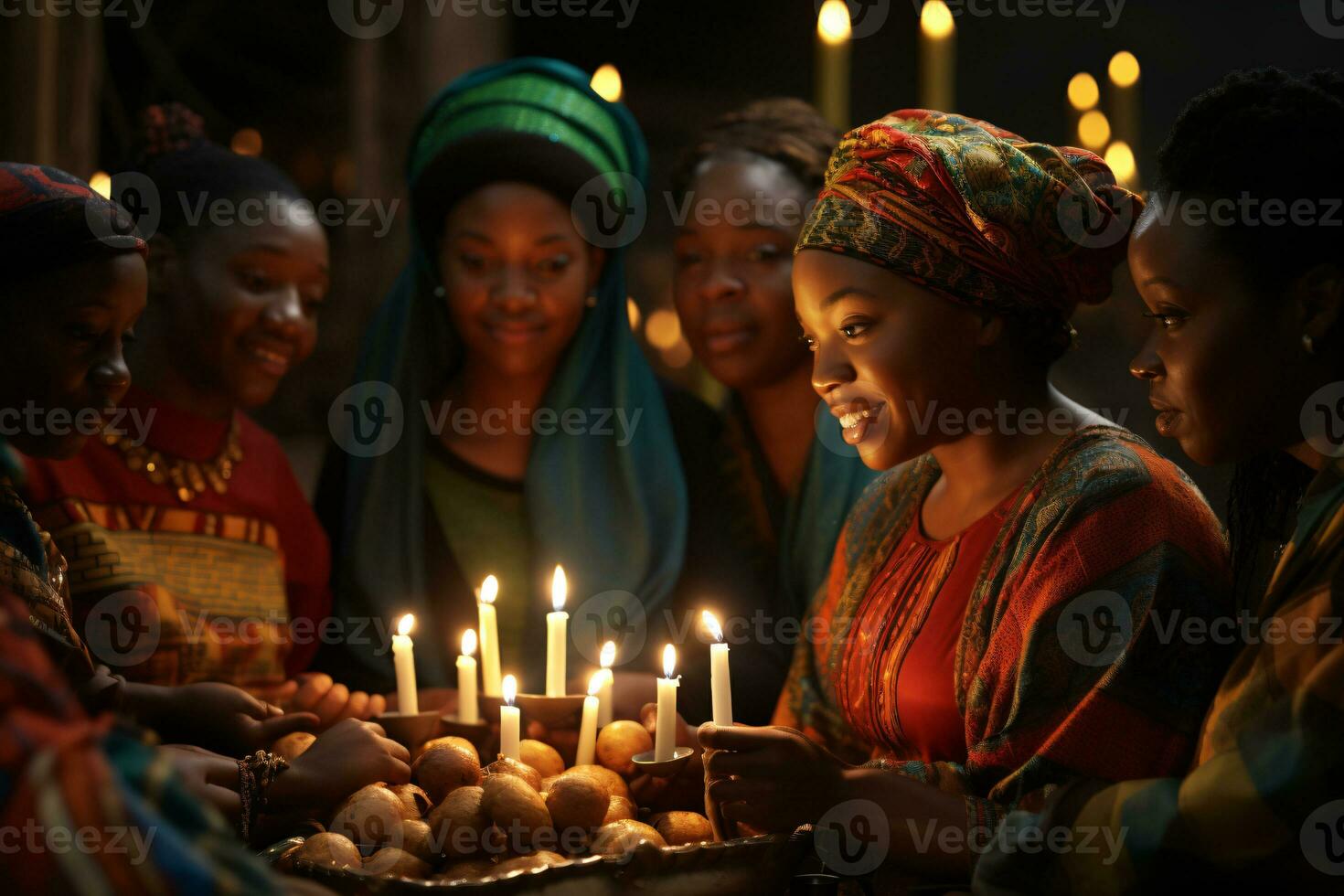 AI generated Kwanzaa Celebration, focusing on African people illuminated candle glowing with cultural significance photo