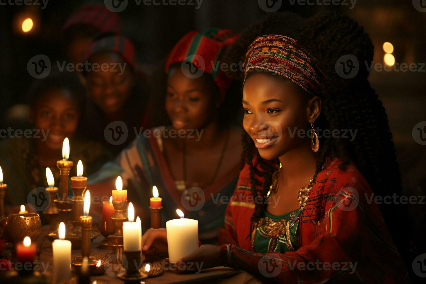 AI generated Kwanzaa Celebration, focusing on African people illuminated candle glowing with cultural significance photo