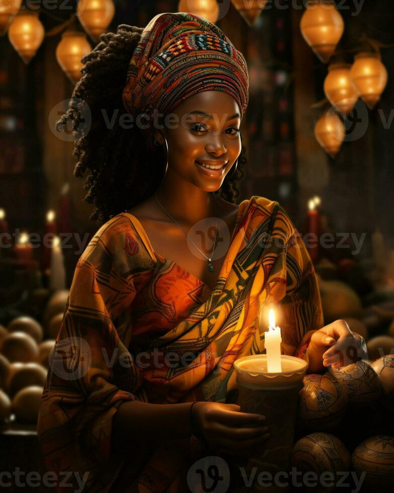AI generated Digital art portrayal of Kwanzaa, Featuring a woman, with a focus on cultural vibrancy photo