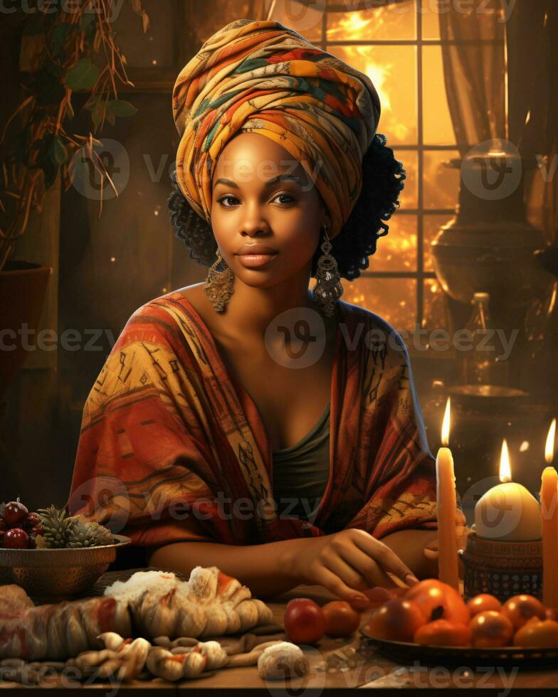 AI generated Digital art portrayal of Kwanzaa, Featuring a woman, with a focus on cultural vibrancy photo
