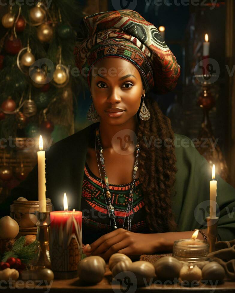 AI generated Digital art portrayal of Kwanzaa, Featuring a woman, with a focus on cultural vibrancy photo