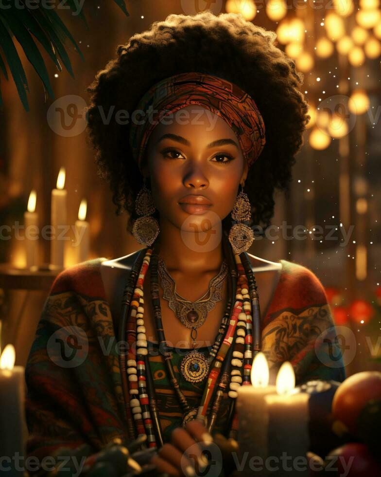 AI generated Digital art portrayal of Kwanzaa, Featuring a woman, with a focus on cultural vibrancy photo