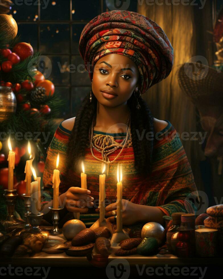 AI generated Digital art portrayal of Kwanzaa, Featuring a woman, with a focus on cultural vibrancy photo