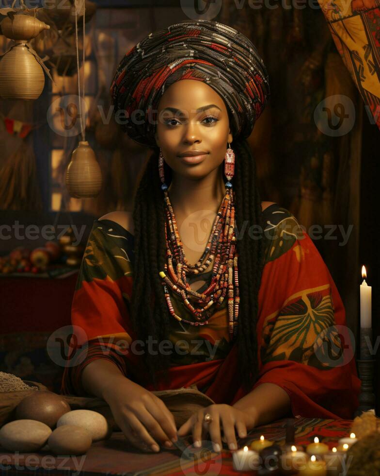 AI generated Digital art portrayal of Kwanzaa, Featuring a woman, with a focus on cultural vibrancy photo