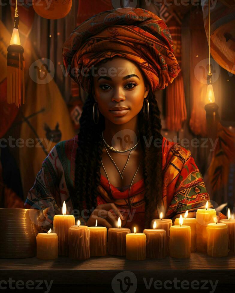AI generated Digital art portrayal of Kwanzaa, Featuring a woman, with a focus on cultural vibrancy photo