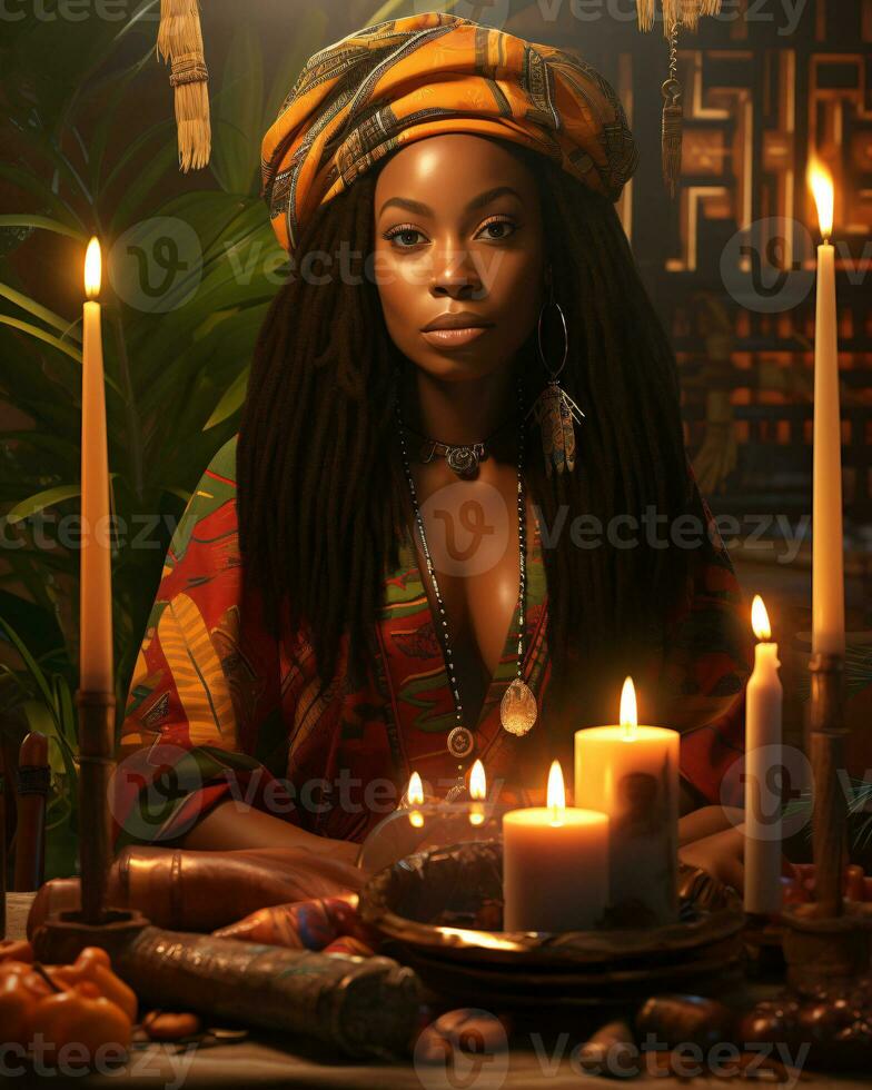 ai generado digital Arte representación de kwanzaa, presentando un mujer, con un atención en cultural vitalidad foto