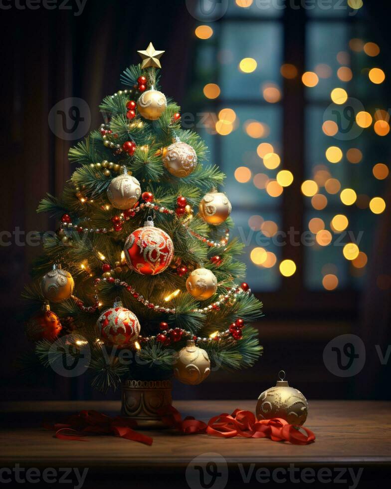 AI generated Christmas tree beautifully decorated with festive ornaments photo