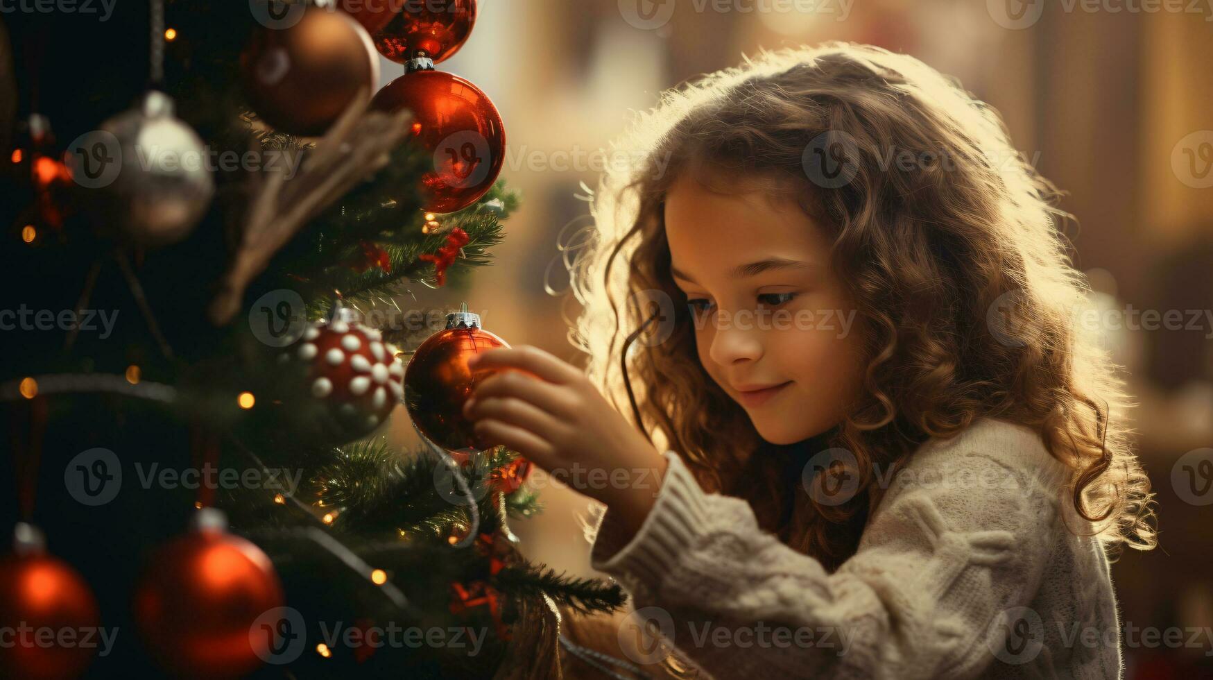 AI generated Christmas tree beautifully decorated with ornaments and a little girl actively decorating photo