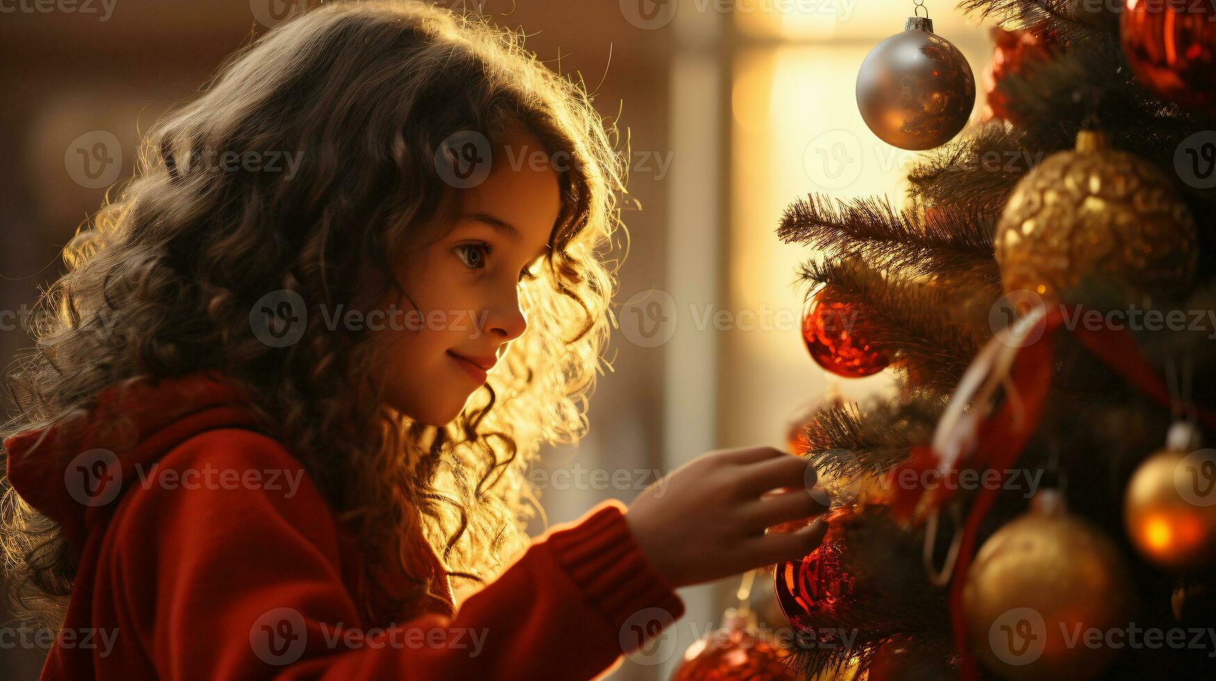 AI generated Christmas tree beautifully decorated with ornaments and a little girl actively decorating photo